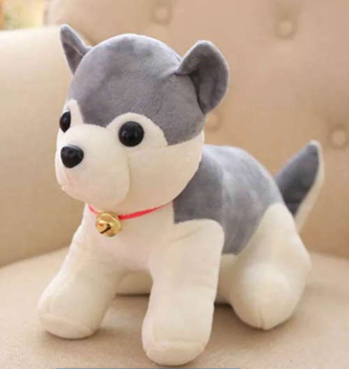 Cute Husky Plush Puppy With Red Ring Bell - Brown