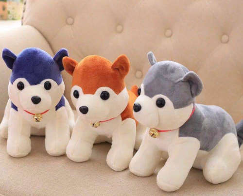 Cute Husky Plush Puppy With Red Ring Bell - Brown