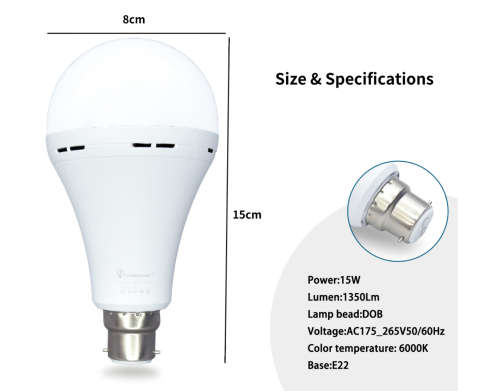 2 Pack 15W Rechargeable Bulbs Auto On with Battery For Emergency Use - B22