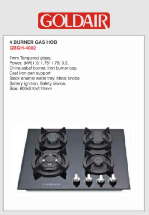 Goldair 4 burner gas glass hob. Model number GBGH-4002 SEALED BRAND NEW