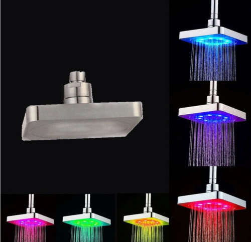 Square 7 Colour LED Light Water Powered Colour Shower Head - Silver