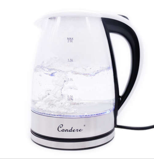 Condere Cordless Electric Glass Kettle 2 Litre Stainless Steel Base