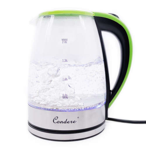Condere Cordless Electric Glass Kettle 2 Litre Stainless Steel Base