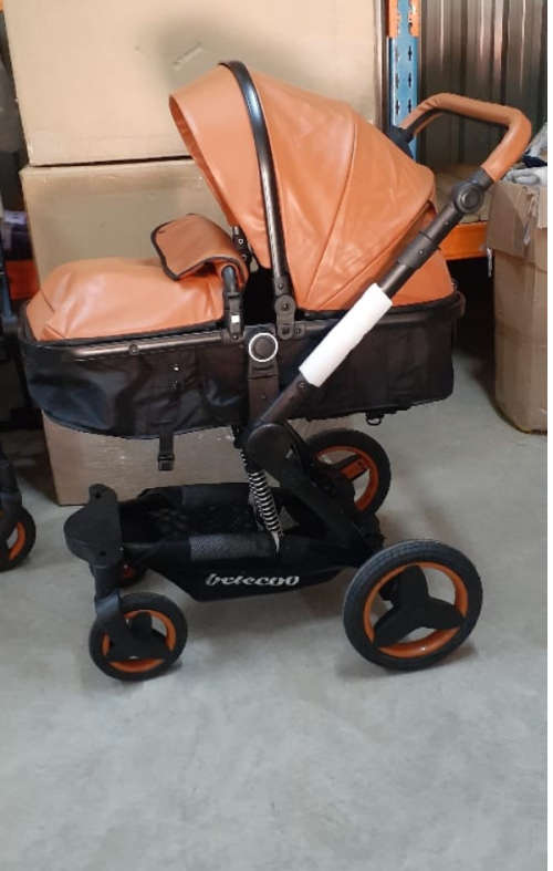 3 in 1 Belecoo Luxury Travel System - PU Brown With Black Frames and Baby Car Seat