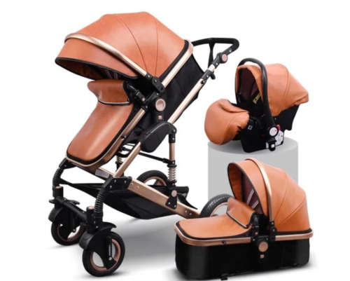 3 in 1 Belecoo Luxury Travel System - PU Brown With Black Frames and Baby Car Seat
