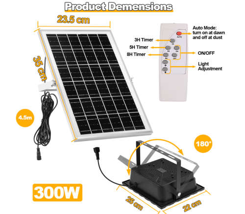 300W LED Solar Flood Light with Remote & IP67 Waterproof