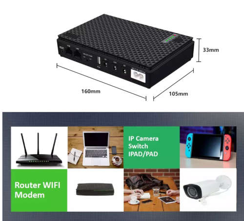 Mini DC UPS for Wifi Router Backup Power Supply - 10400mAh - Black