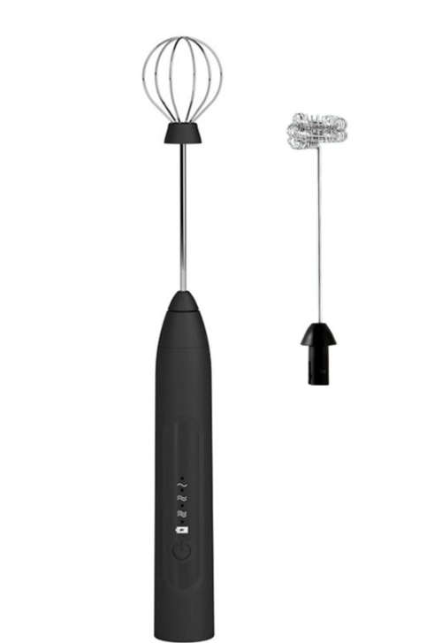 Handheld Electric USB 3-Speed Milk Frother Egg Blender with 2 Heads - Black