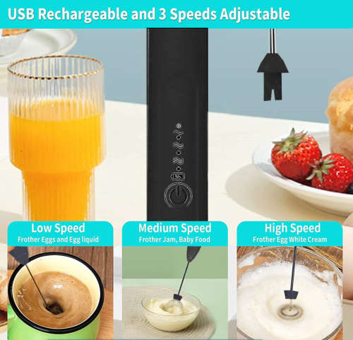 Handheld Electric USB 3-Speed Milk Frother Egg Blender with 2 Heads - Black