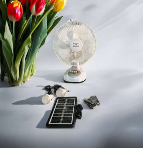 JAIGENG 12` Rechargeable Desk Fan With LED Light and 2 Separate Light Bulbs and Solar Panel