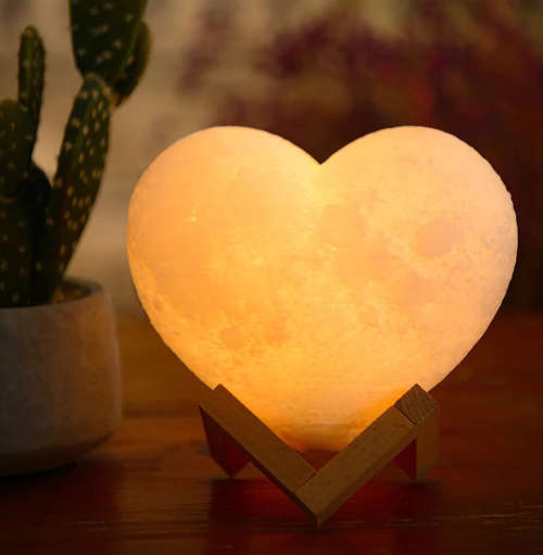 Heart Shaped Colour Changing Large 3D Moon Lamp with Wooden Stand