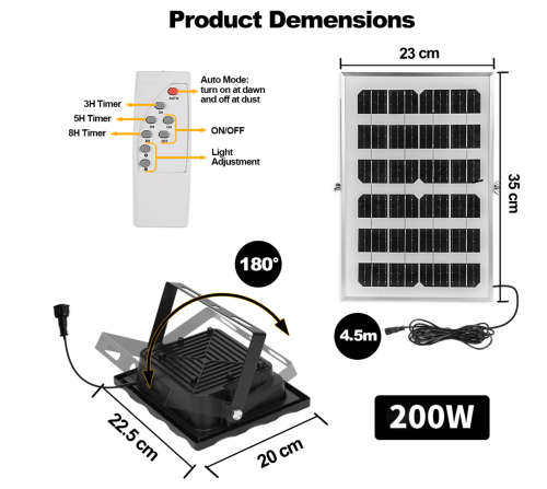 200W LED Solar Flood Light with Remote Control & IP67 Waterproof
