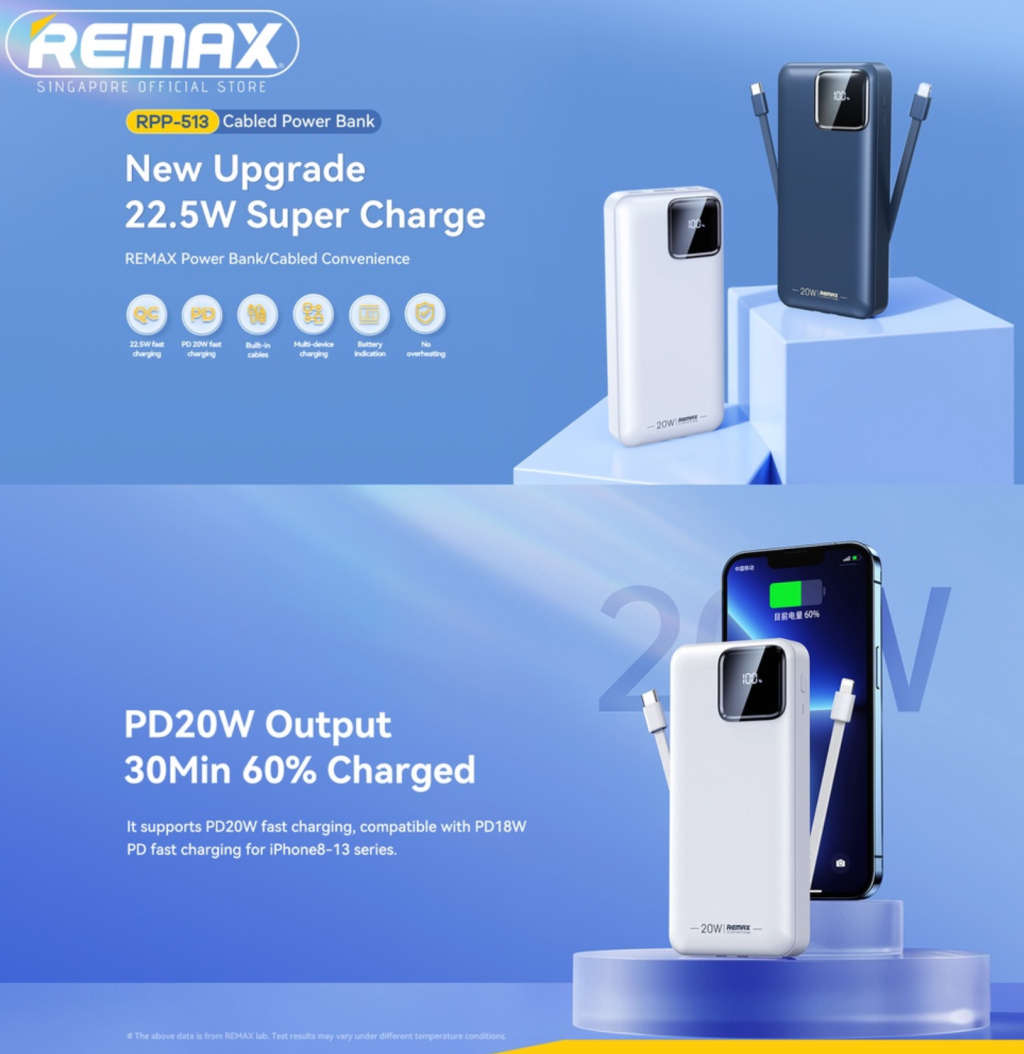 Remax Energy 30000mAH 20W+22.5W+PD+QC Fast Charge Power Bank With Built In Cables