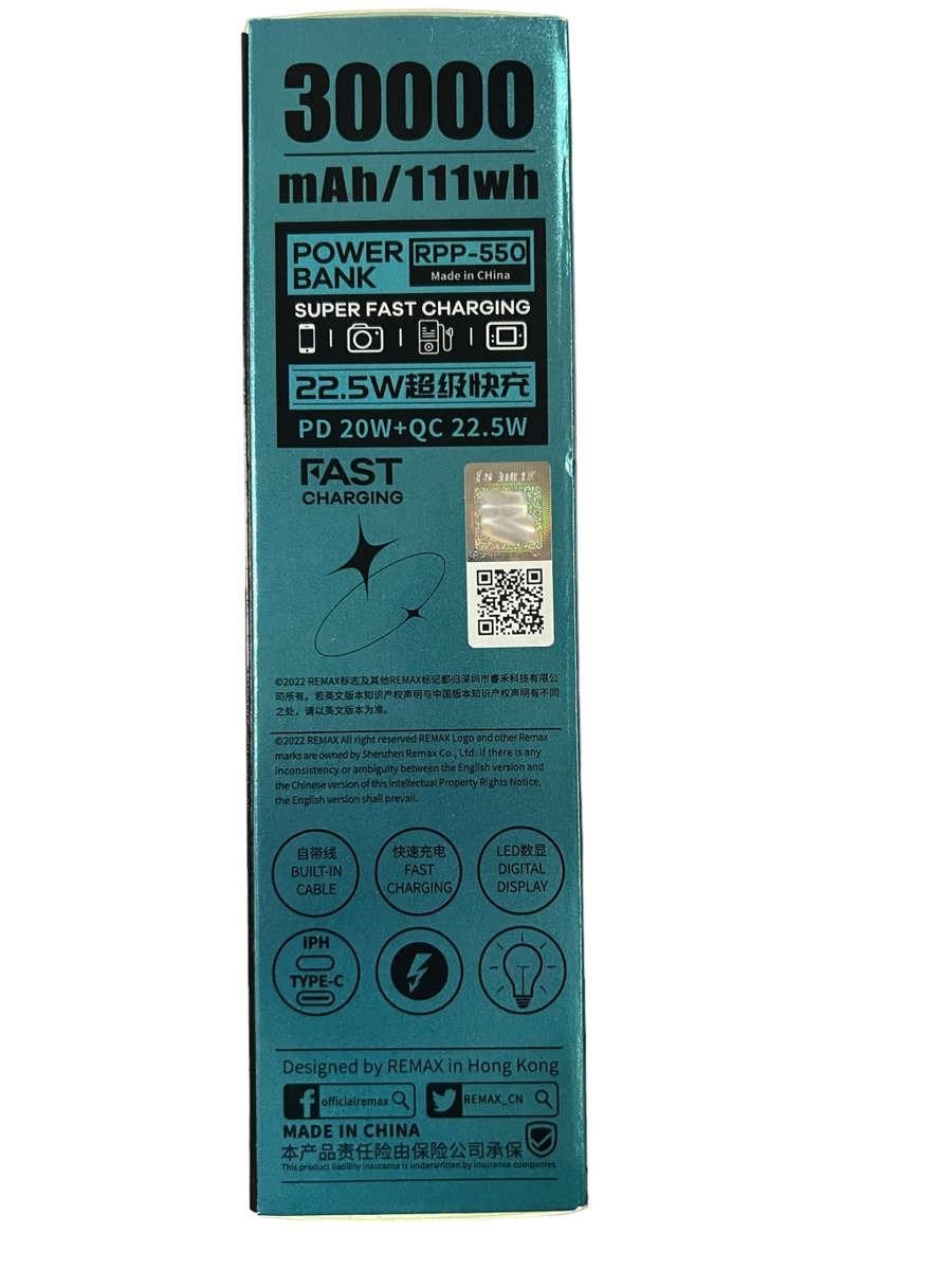 Remax Energy 30000mAH 20W+22.5W+PD+QC Fast Charge Power Bank With Built In Cables
