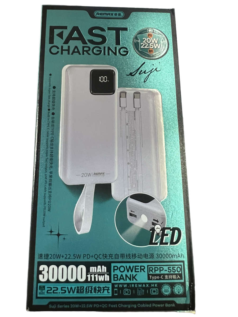 Remax Energy 30000mAH 20W+22.5W+PD+QC Fast Charge Power Bank With Built In Cables