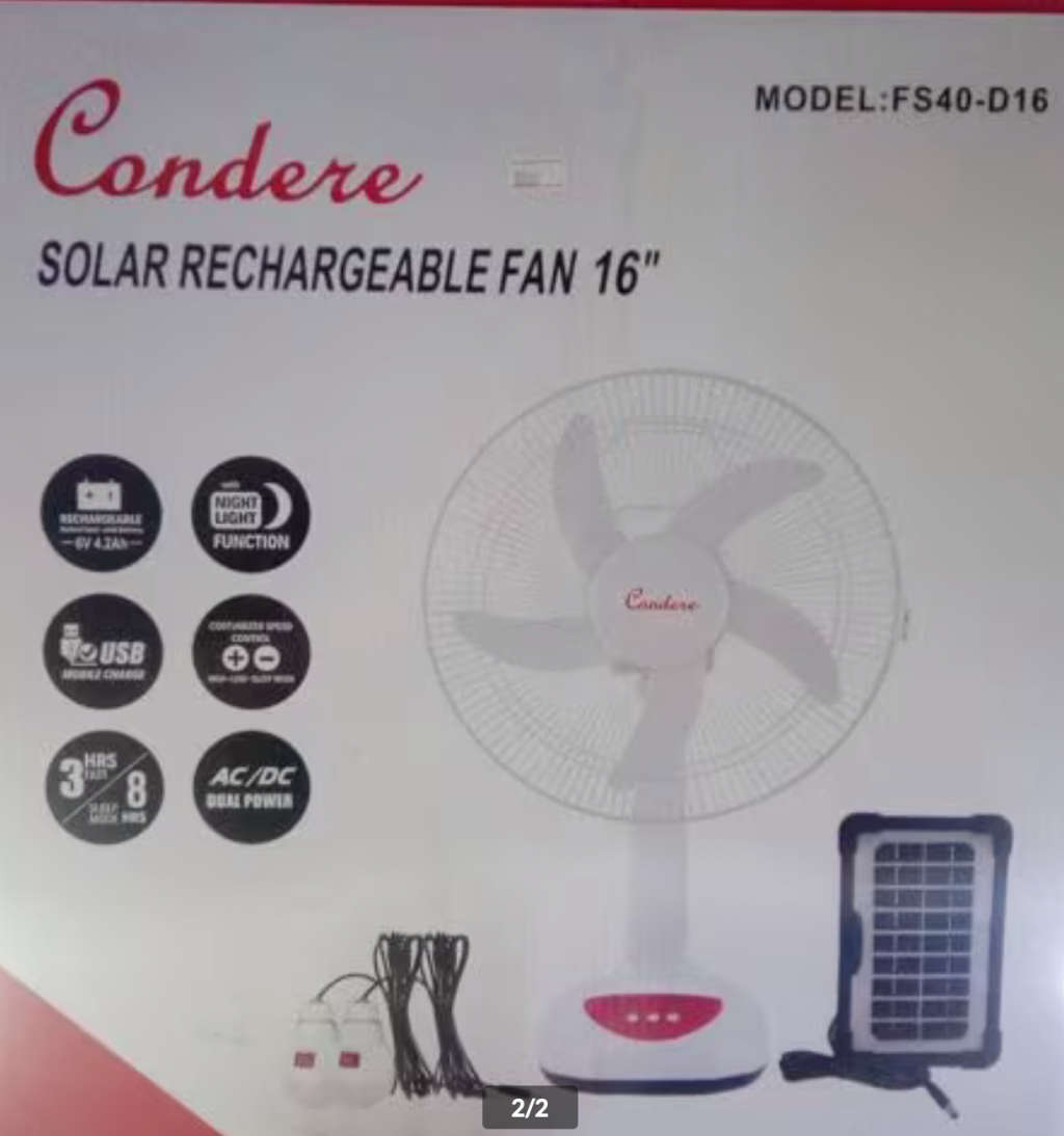 Condere 16` Rechargeable Solar Fan with Built in light and 2 Light Bulbs and a Solar Panel