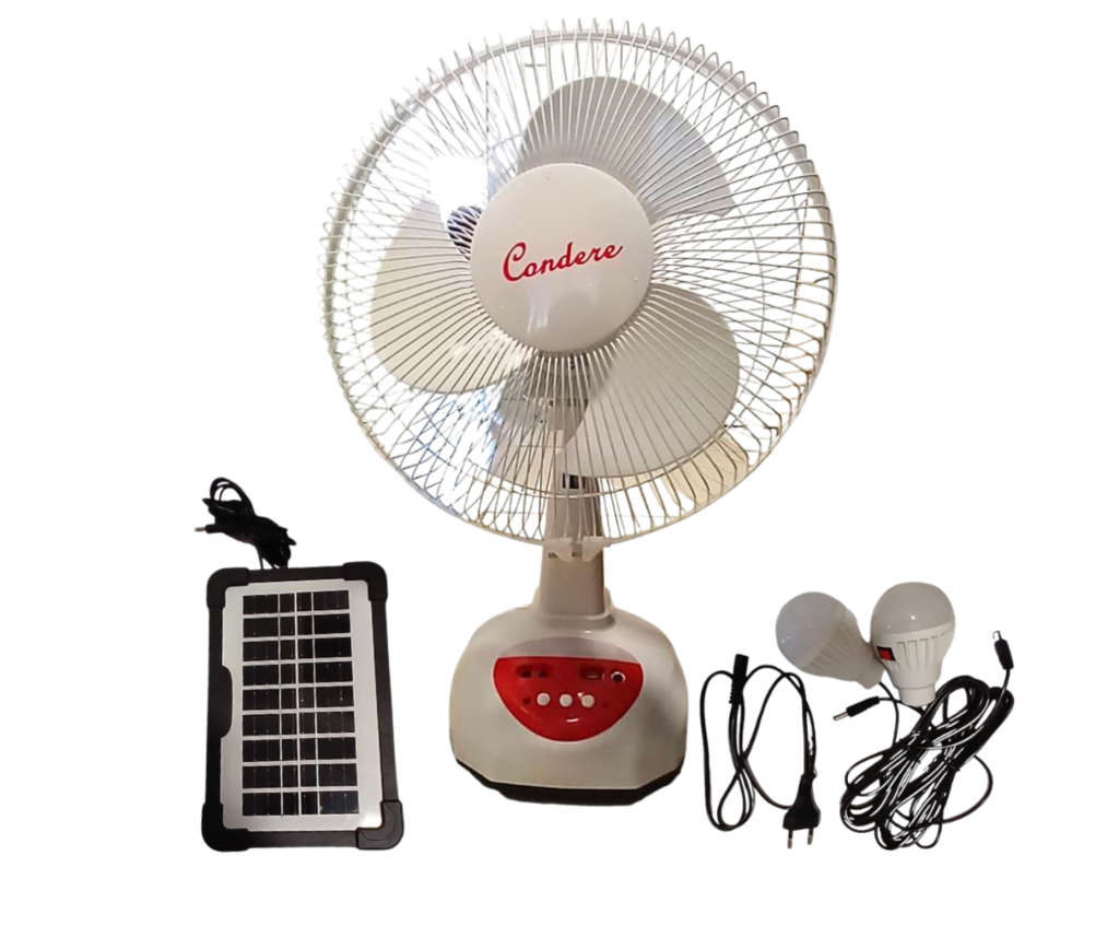 Condere 12` Rechargeable Solar Fan with Built in light and 2 Light Bulbs and a Solar Panel