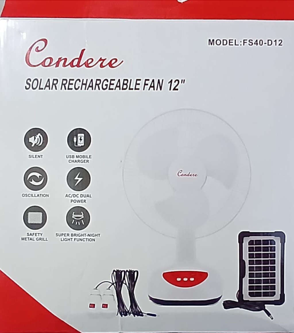 Condere 12` Rechargeable Solar Fan with Built in light and 2 Light Bulbs and a Solar Panel