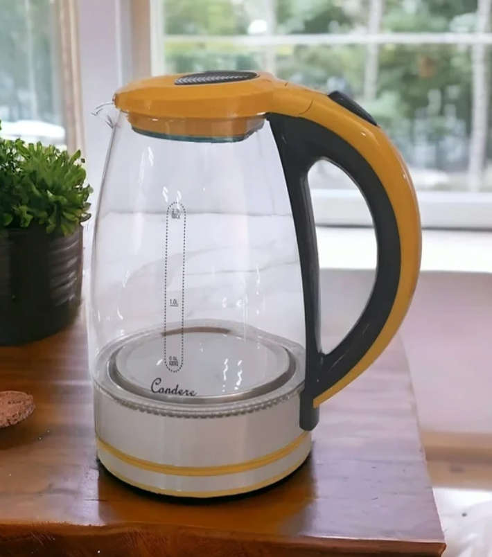 Condere Cordless Electric Glass Kettle 2 Litre Stainless Steel Base - Yellow