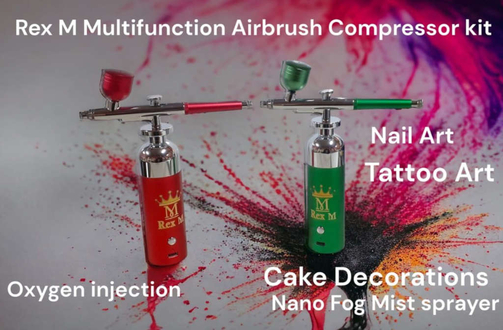 Rex M Portable Airbrush Compressor Kit, Ideal For Nails, Art, Cake & Makeup - Slick Red/Green