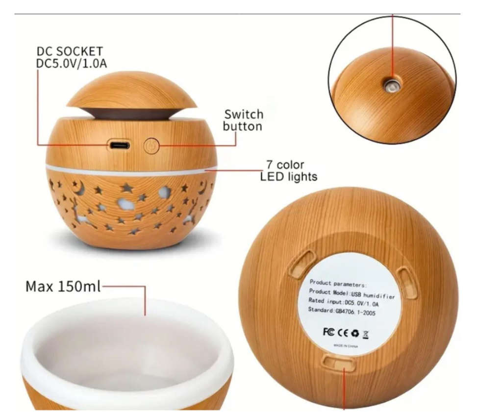 Daska Aroma Diffuser Air Humidifier With 7 Colour Changing LED Night Light - White/Brown