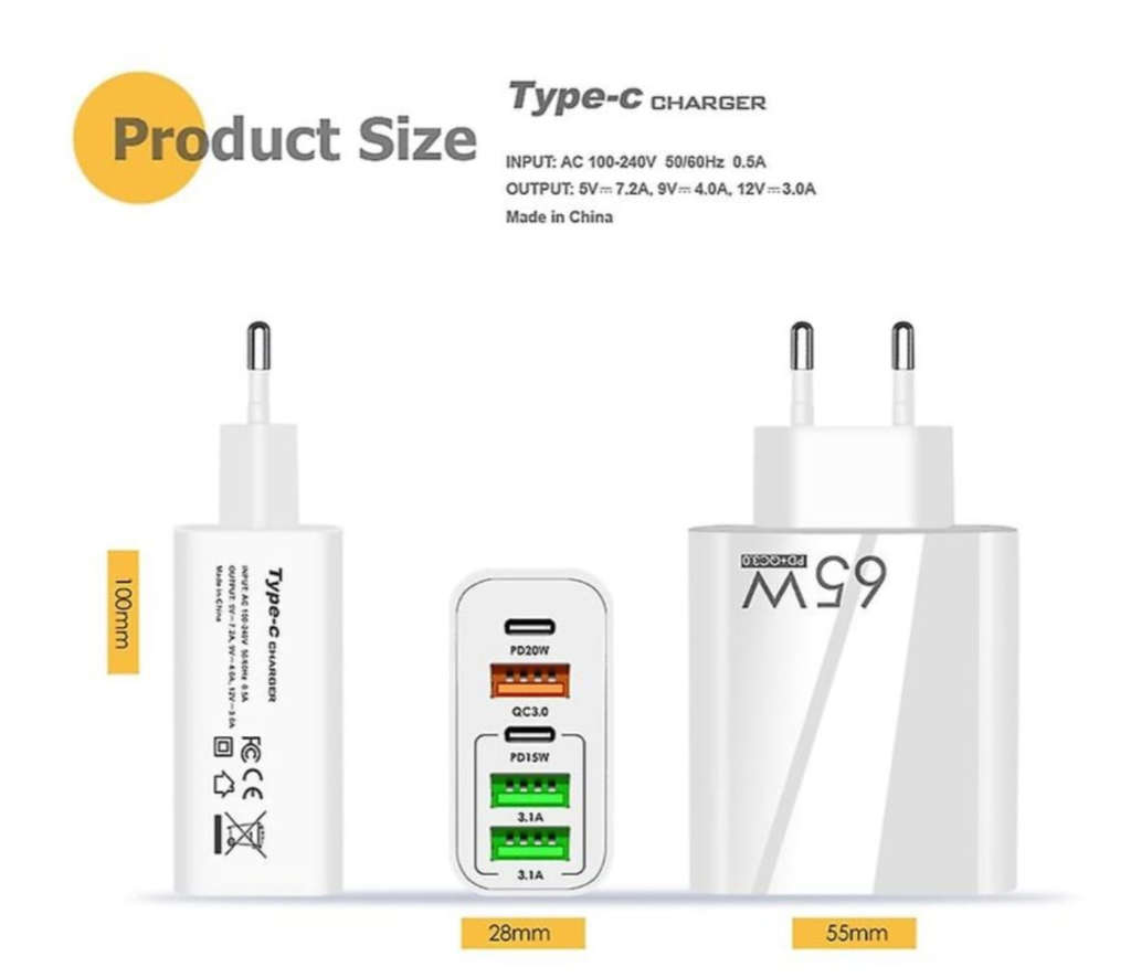 3 USB + 2 PD 65W Fast Charger Travel Adapter