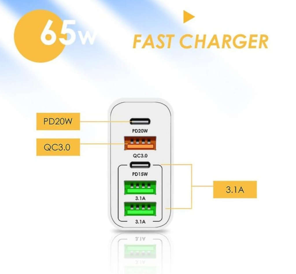 3 USB + 2 PD 65W Fast Charger Travel Adapter