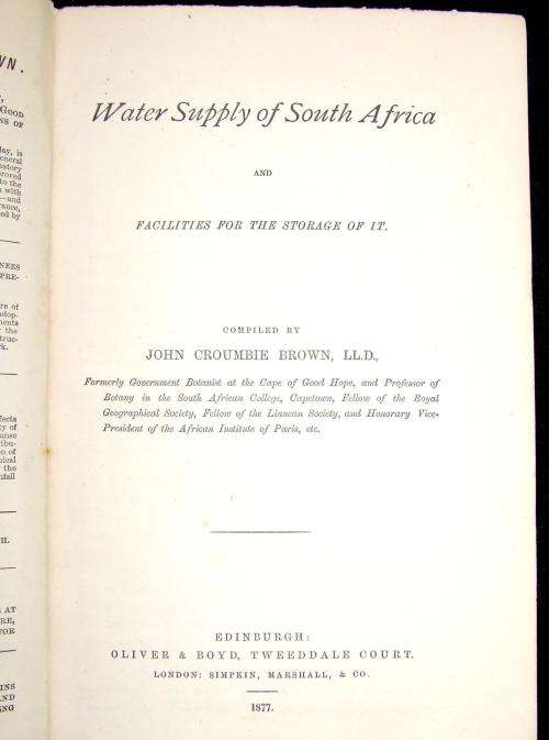 Water Supply of South Africa - 1877 - Very Informative Book