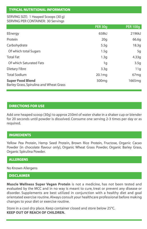 MUSCLE WELLNESS SUPER VEGAN PROTEIN 2KG - 66 SERVINGS - PLANT BASED PROTEIN **CHOCOLATE**