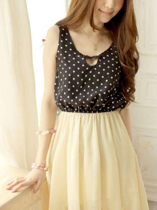 *Fashion Tokyo* Irregular Length Dot Chiffon Sleeveless Dress-Almond