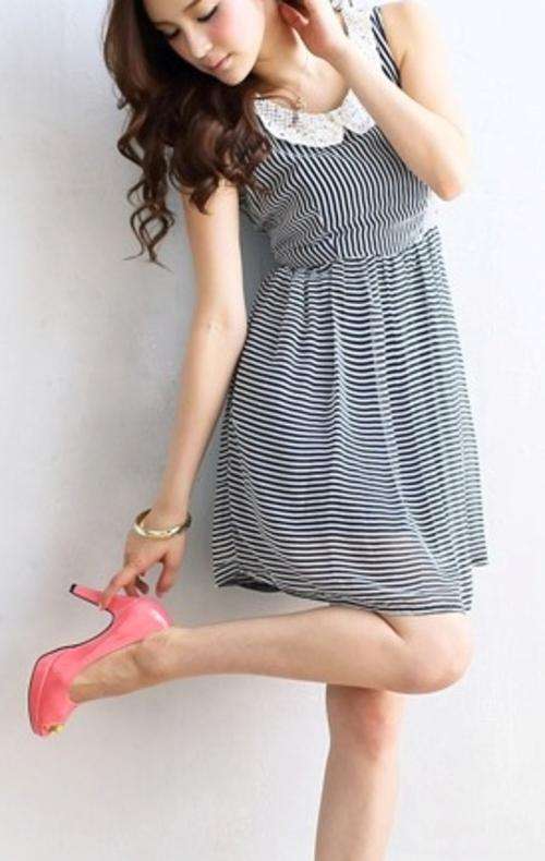 *Fashion Tokyo* Flora Collar Stripe Chiffon Dress-Dark Blue