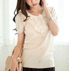 *Fashion Tokyo* Chiffon Flora Collar Knitting Top-Almond