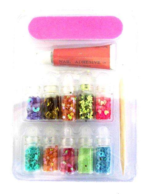 Nail Art with 12 bottles of different designs Set (Include glue, nail file, Orange Stick)