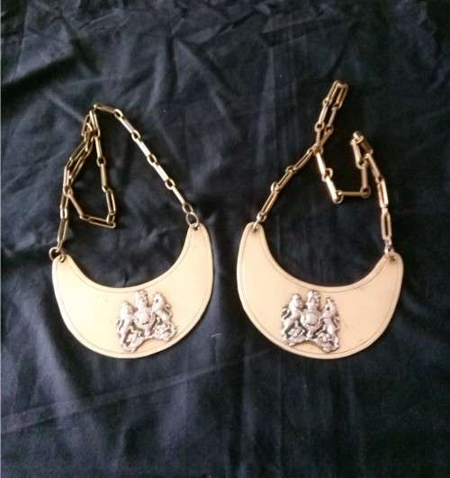 2 X BRASS ARMY GORGETS WITH SILVER BRITISH INSIGNIA - F.NARBOROUGH OF BIRMINGHAM