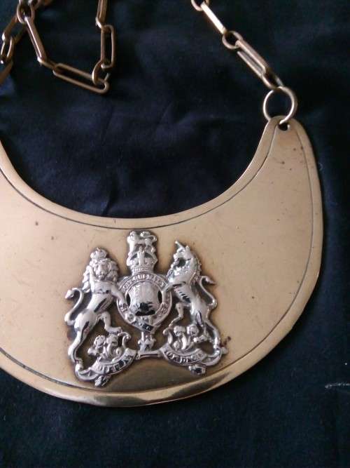 2 X BRASS ARMY GORGETS WITH SILVER BRITISH INSIGNIA - F.NARBOROUGH OF BIRMINGHAM