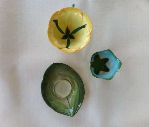 3 X SOUTH AFRICAN MOONSTONE AND MUSTARDSEED POTTERY PIECES - CUP,SAUCER & BOWL