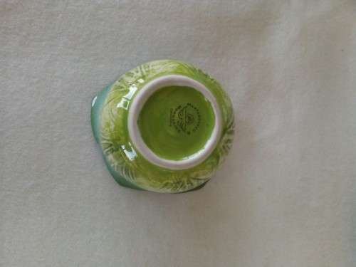 3 X SOUTH AFRICAN MOONSTONE AND MUSTARDSEED POTTERY PIECES - CUP,SAUCER & BOWL