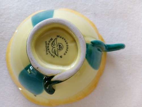 3 X SOUTH AFRICAN MOONSTONE AND MUSTARDSEED POTTERY PIECES - CUP,SAUCER & BOWL