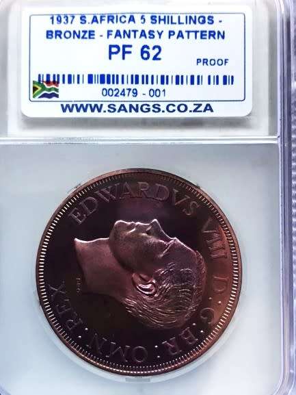 1937 SOUTH AFRICA 5 SHILLING EDWARD VIII - BRONZE PATTERN COIN - PF 62 - MINTAGE 550