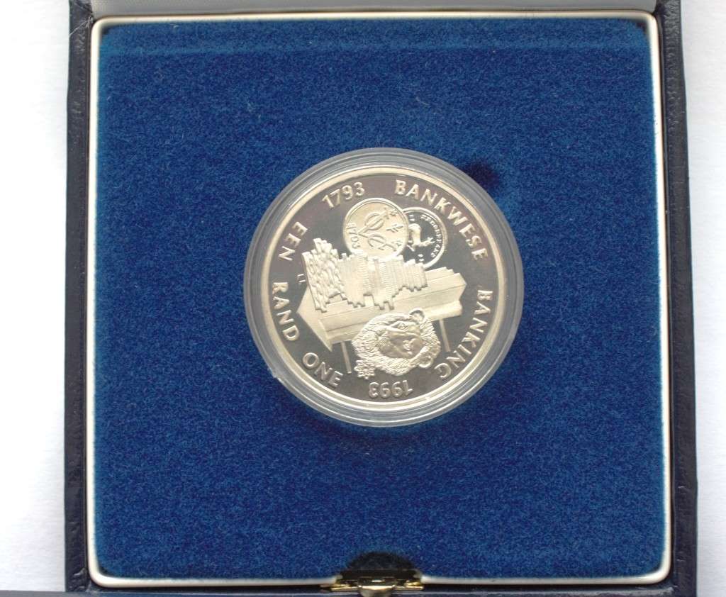 1993 Silver Protea One Rand. Proof - Banking - Mintage 7,584 - Issued in Blue SAM Case and sealed.