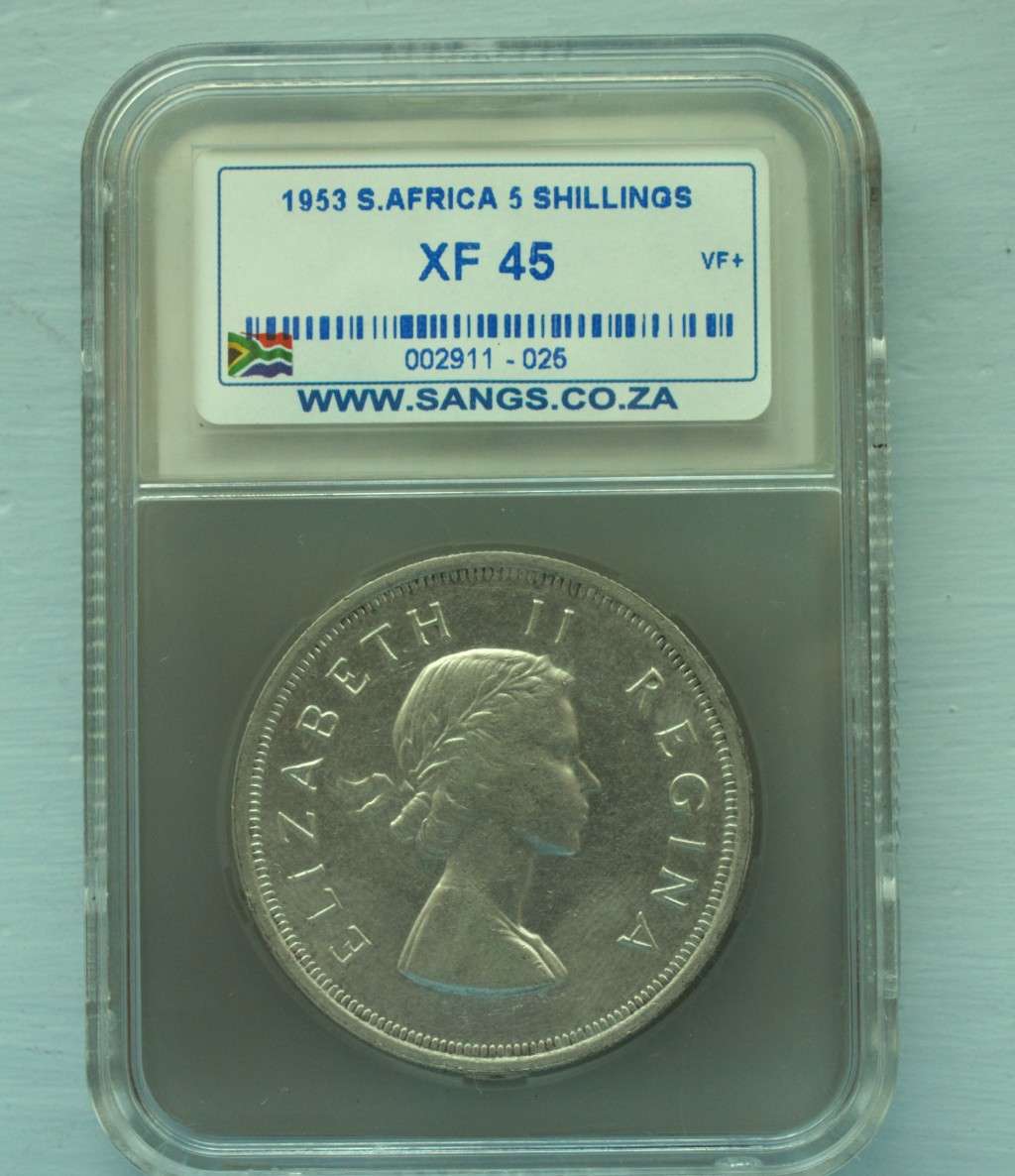 1953 SILVER FIVE SHILLINGS QUEEN ELIZABETH II SERIES - GRADED XF45 -