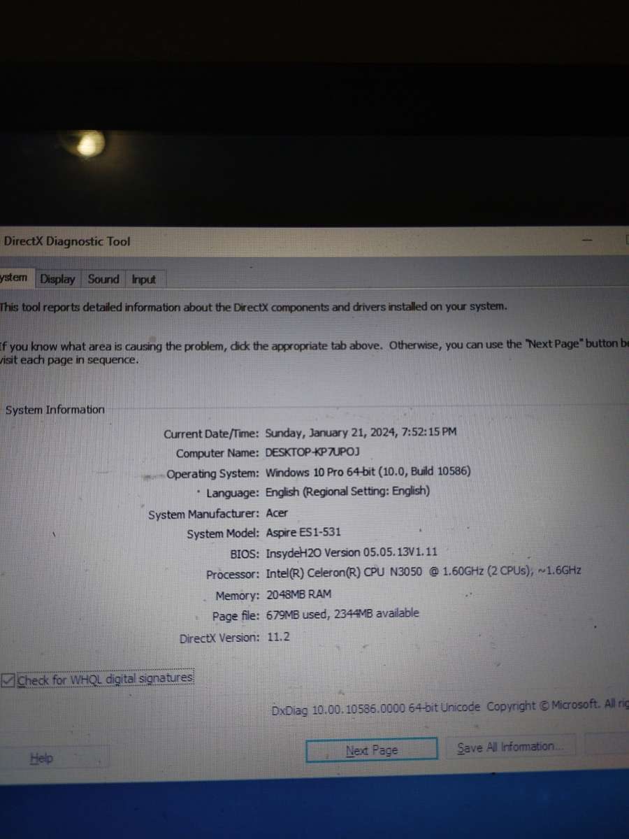 Acer ES1-531 Series Celeron CPU 1.6ghz, 2GB Ram, 500gb HHD Working condition
