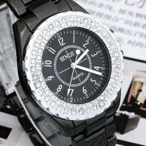 Brand New Black Ladies Crystal Bezel Stainless Steel Quartz Watch