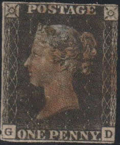 1840 Penny Black three margins with grubby red maltese cross