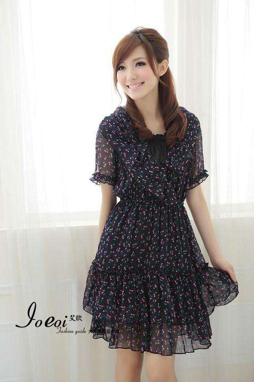 Fashion dress with fabric flower  -black with blue print  -    fit for size 30---32