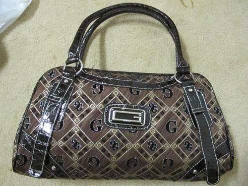 GUESS Choc  with gold print handbad L 38cm x H24cm x Bottom width 11cm
