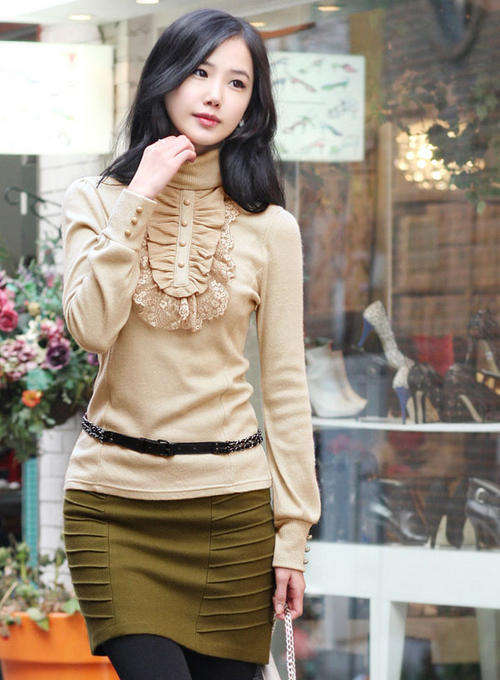 Ladies high neck knit wear with front lace and sewing details fit for size 30 --34 - Beige-on sale