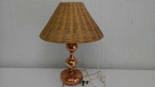 A GORGEOUS VINTAGE COPPER LAMP WITH A MODERN CANE LAMPSHADE. FANTASTIC PIECE!