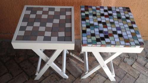TWO STUNNING MOSAIC AND WOOD BUTTLERS TABLES. FANTASTIC FOR SMALL SPACES!