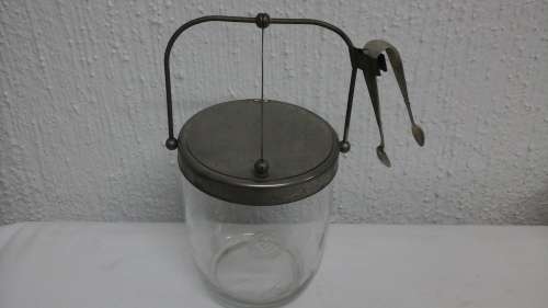 MAGNIFICENT VINTAGE STAINLESS STEEL & CUT GLASS ICE BUCKET WITH TONGS. BEAUTIFUL FUNCTIONAL PIECE!